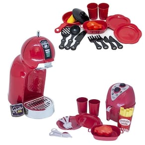 Kit cozinha brinquedo cafeteira vermelho air fryer louça 26p