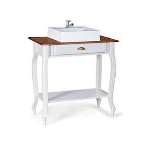 Bancada Aparador Mini Lavabo com Cuba 1 Gaveta Pés Luiz XV Dália 3062 - Branco/Imbuia Glazer