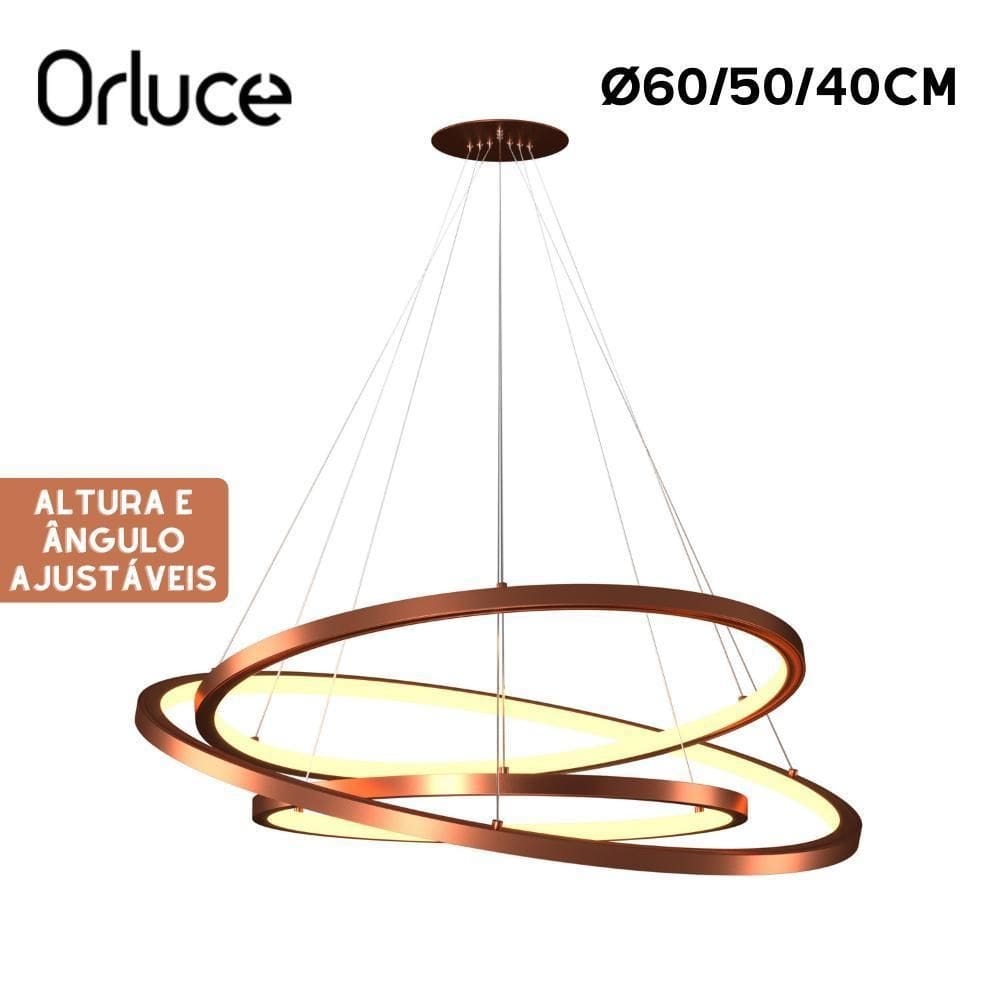 Lustre pendente orluce led 3 aros arcos cobre 40/50/60cm biv