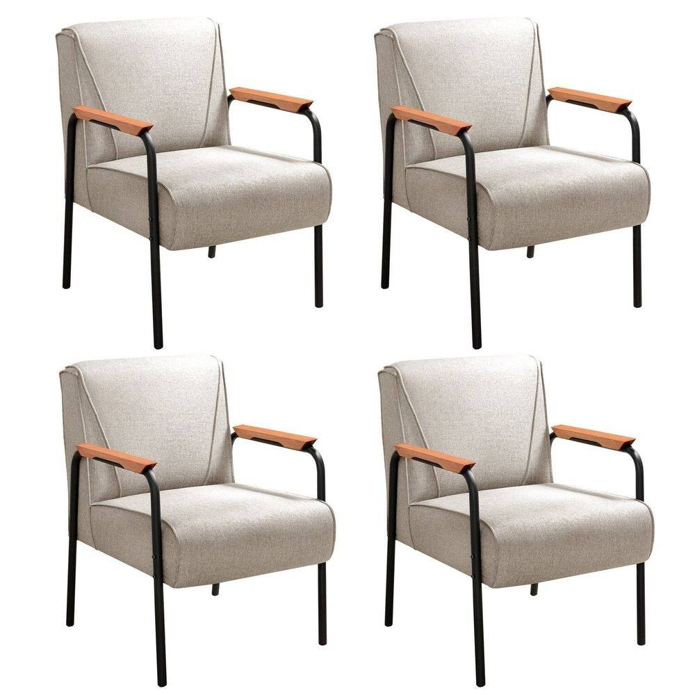 Kit 4 Poltronas Decorativas Jade Braços Fixo Bege Claro
