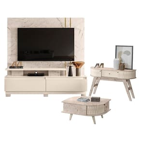 Estante Home Theater New Apolo com Pés com Aparador Estoril e Mesa de Centro Indianápolis Calacata Off White – Madetec