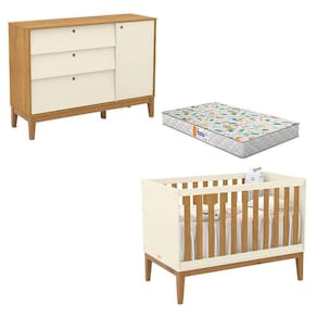 Berço Americano e Cômoda Sapateira Unique Off White Freijó Eco Wood com Colchão Gazin - Matic