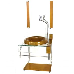 Gabinete De Vidro 40cm Curvado Duplo Inox Dourado C/Torneira