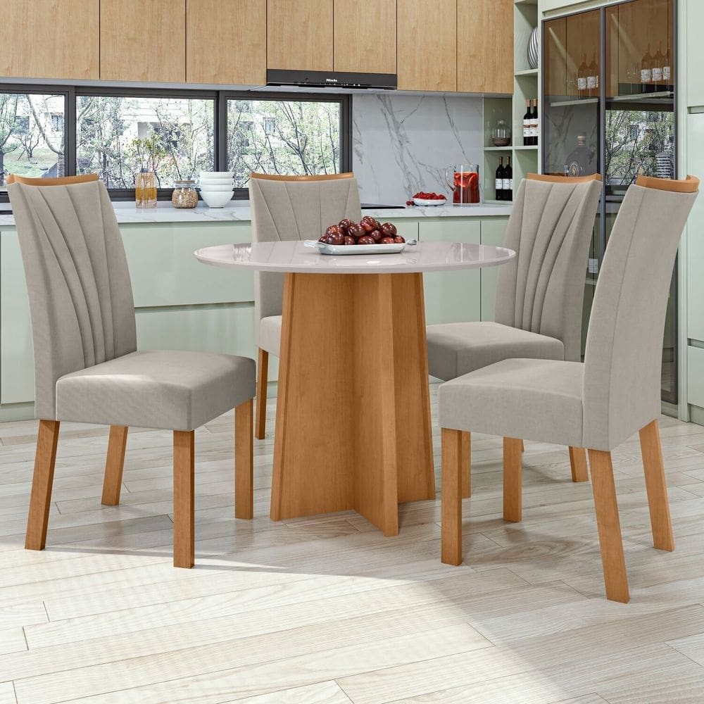 Conjunto Mesa 100cm Celebrare Redonda com 4 Cadeiras Apogeu Amêndoa Clean/Off White/Capuccino