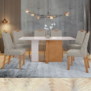 Conjunto Mesa 170cm Astrid com Vidro e 6 Cadeiras Vênus Amêndoa Clean/Off White/Capuccino