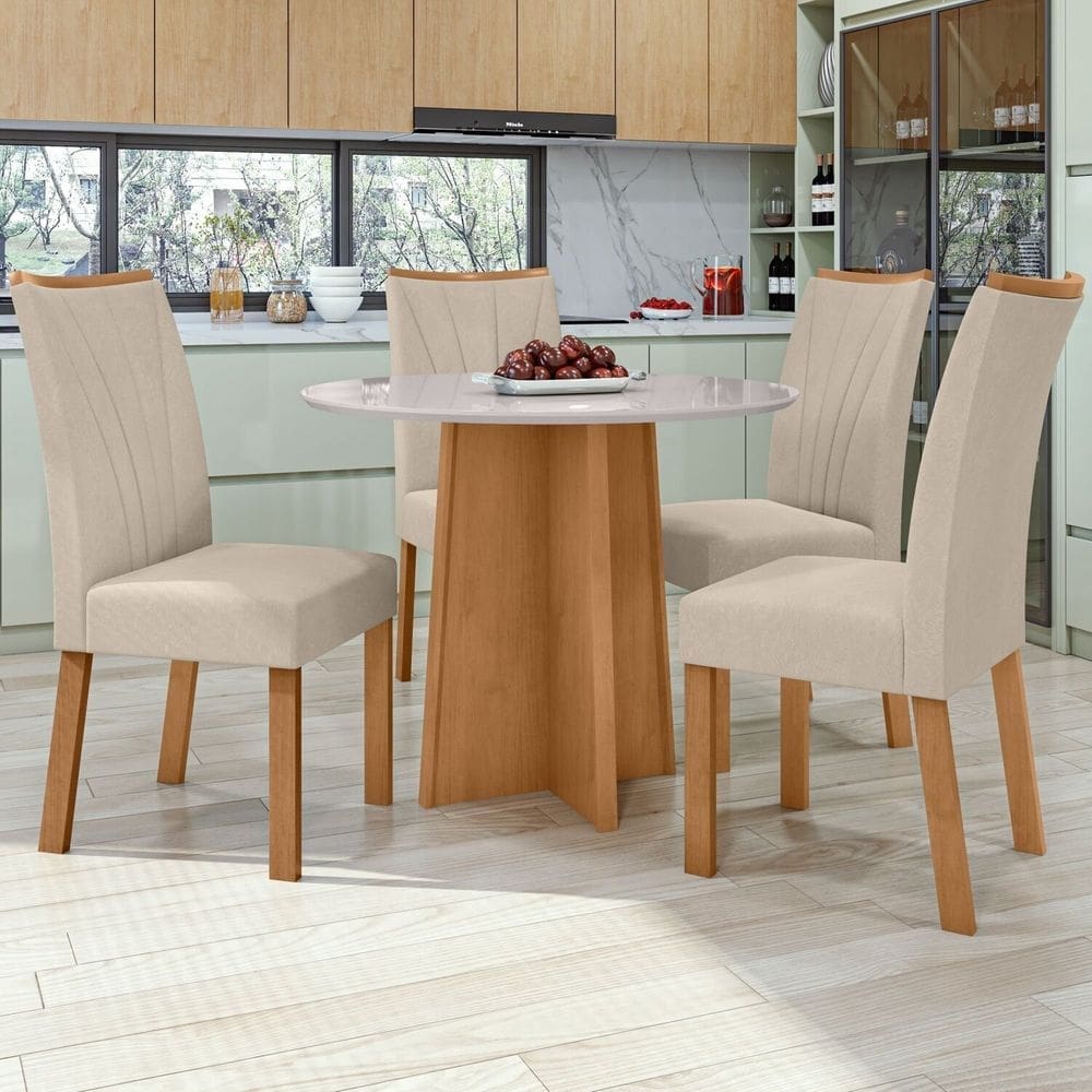 Conjunto Mesa 100cm Celebrare com Vidro Redonda e 4 Cadeiras Apogeu Amêndoa Clean/Off White/Naturale Creme
