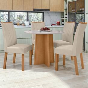 Conjunto Mesa 100cm Celebrare com Vidro Redonda e 4 Cadeiras Apogeu Amêndoa Clean/Off White/Naturale Creme