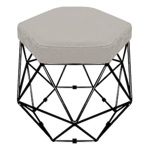 Puff Banco Aramado Hexagonal Base Eiffel Preta Suede Bege