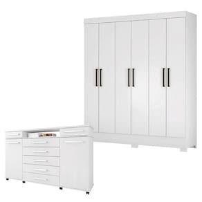 Cômoda London e Guarda Roupa Casal Verso Branco - Demóbile