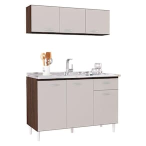 Balcão de Pia e Armário Aéreo 120 cm Chocolate Off White – Poquema