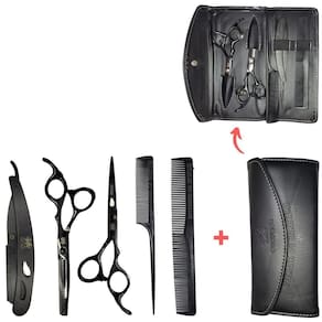 Kit com tesoura fio navalha e desfiadeira para barbearia
