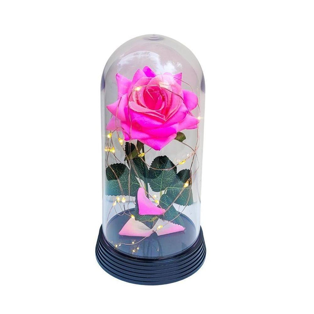 Luminária a rosa encantada rosa rosa 20 cm base preto quente