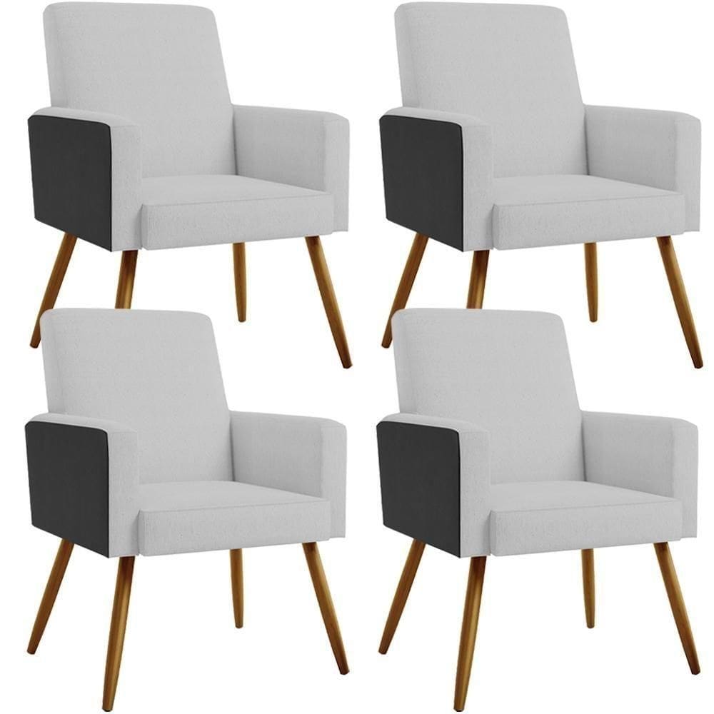 Kit 04 Poltronas Pés Palito Linho Cinza Couríssimo Preto
