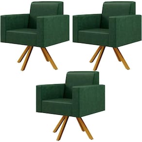 Kit 03 Poltronas Base Giratória De Madeira Facto Verde Musgo