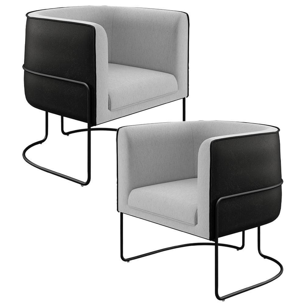 Kit 02 Poltronas Base Aço Preto Linho Cinza Corano Preto