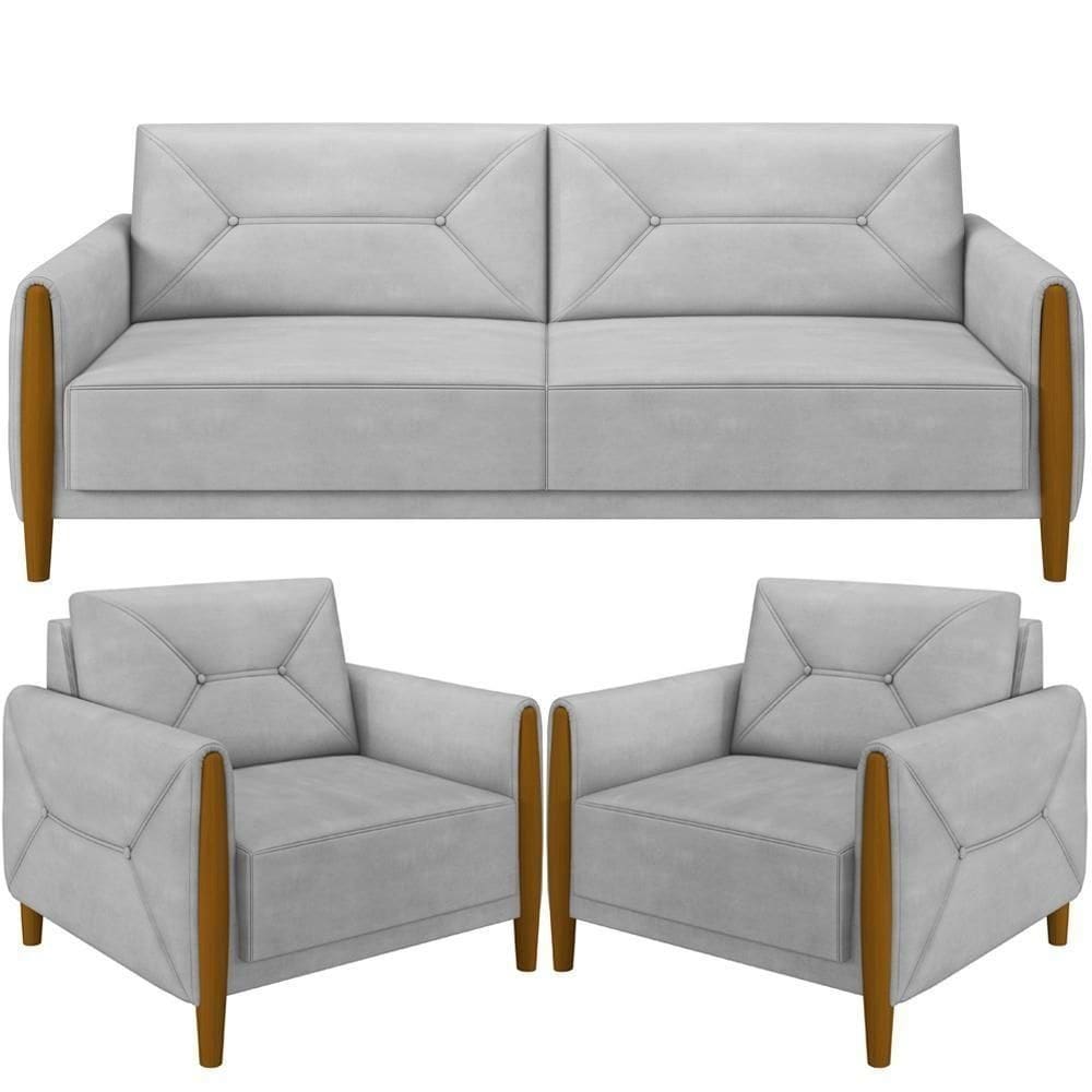 Kit Sofá 03 Lugares 220Cm Com 02 Poltronas M03 Cinza