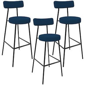 Kit 03 Banquetas Baixa Bar Cozinha Sala De Jantar Estrutura Em Aço Milão L02 Suede Azul Marinho