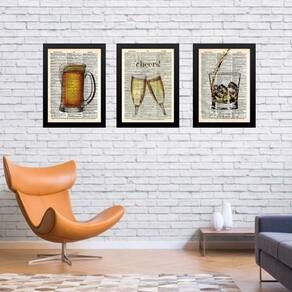 Kit 3 quadros vintage bar bebida acompanha 24x18cm - com vidro