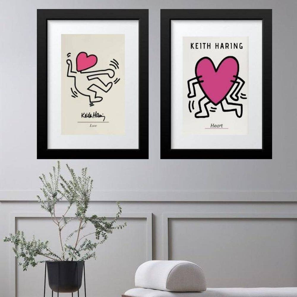 Kit 2 Quadros Keith Haring Coração - 60X48Cm