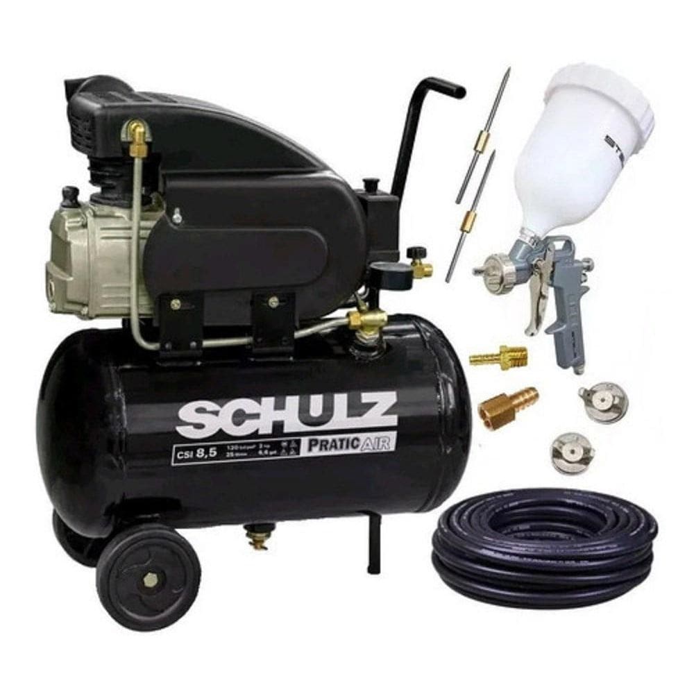 Compressor ar 8,5pés pro 25l schulz + kit pintura + 10m mang