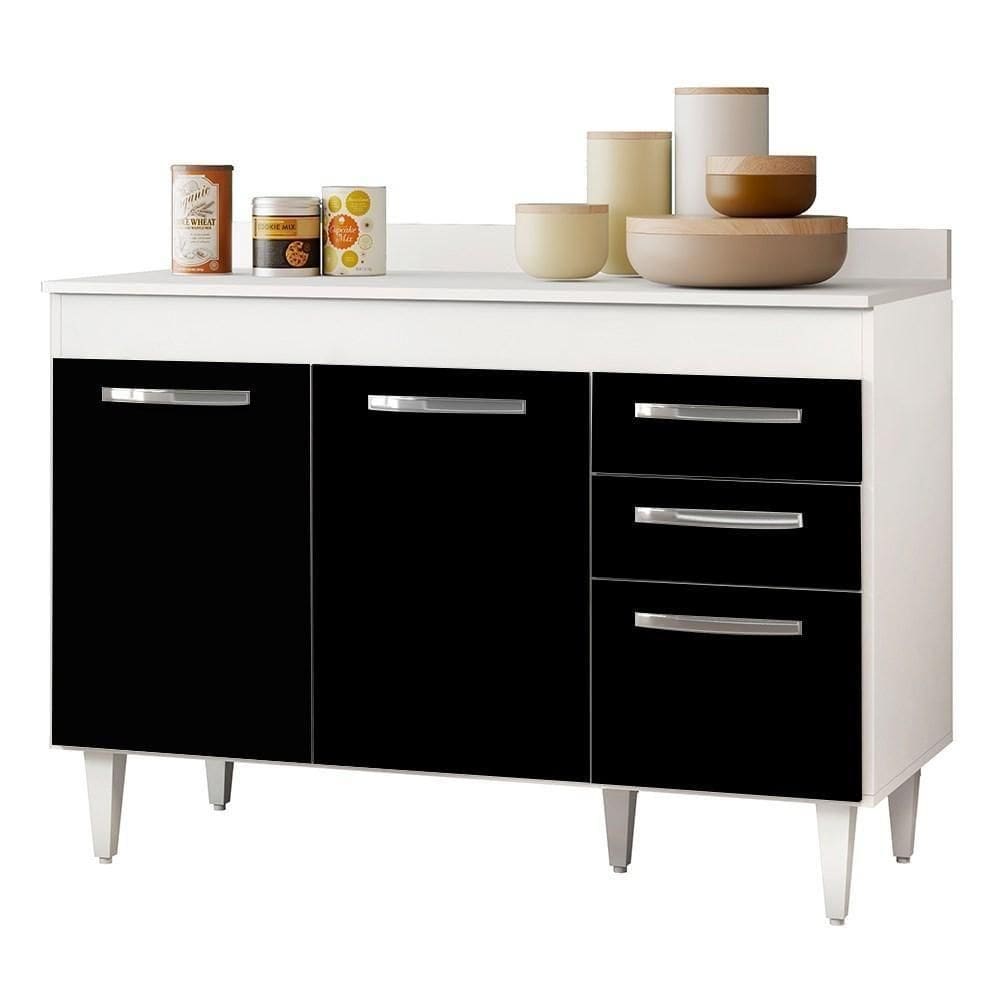 Balcão Gabinete De Pia Com Tampo Suécia 120Cm 03 Portas Branco Preto