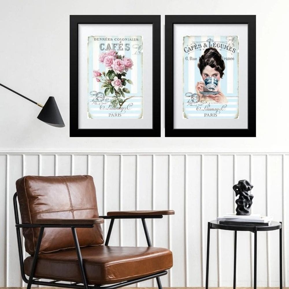 Kit 2 Quadros Café Flores Pin Up - 60X48Cm
