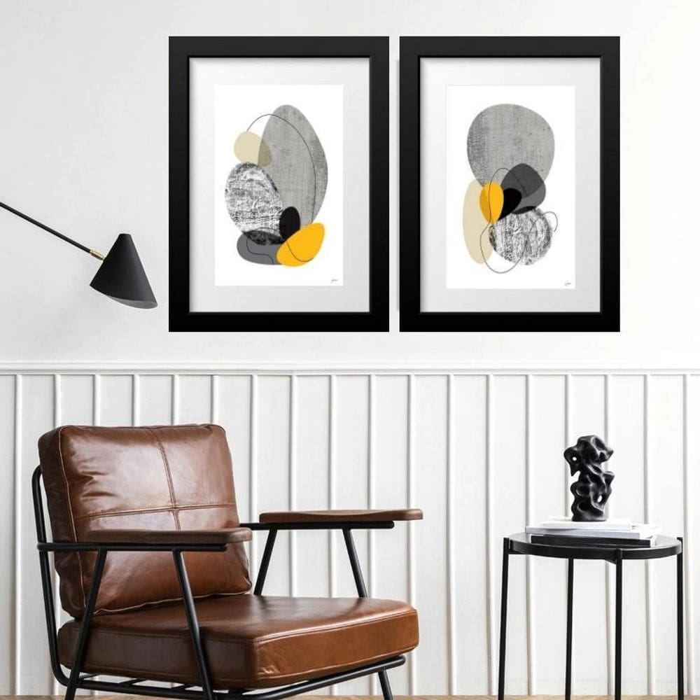 Kit 2 Quadros Abstratos Cinza E Amarelo - 60X48Cm