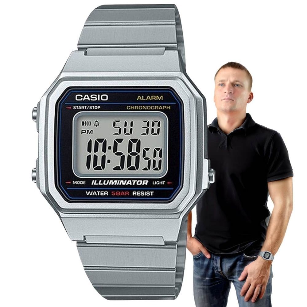 Relógio de Pulso Casio Masculino Digital Vintage Prata Quadrado Rêtro Aço Inoxidável Prova dágua Casual PrataB650WD-1ADF