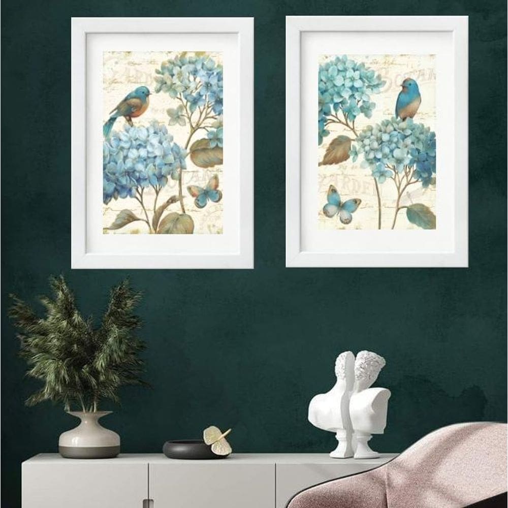 Kit 2 Quadros Passarinhos Hortências - 60X48Cm