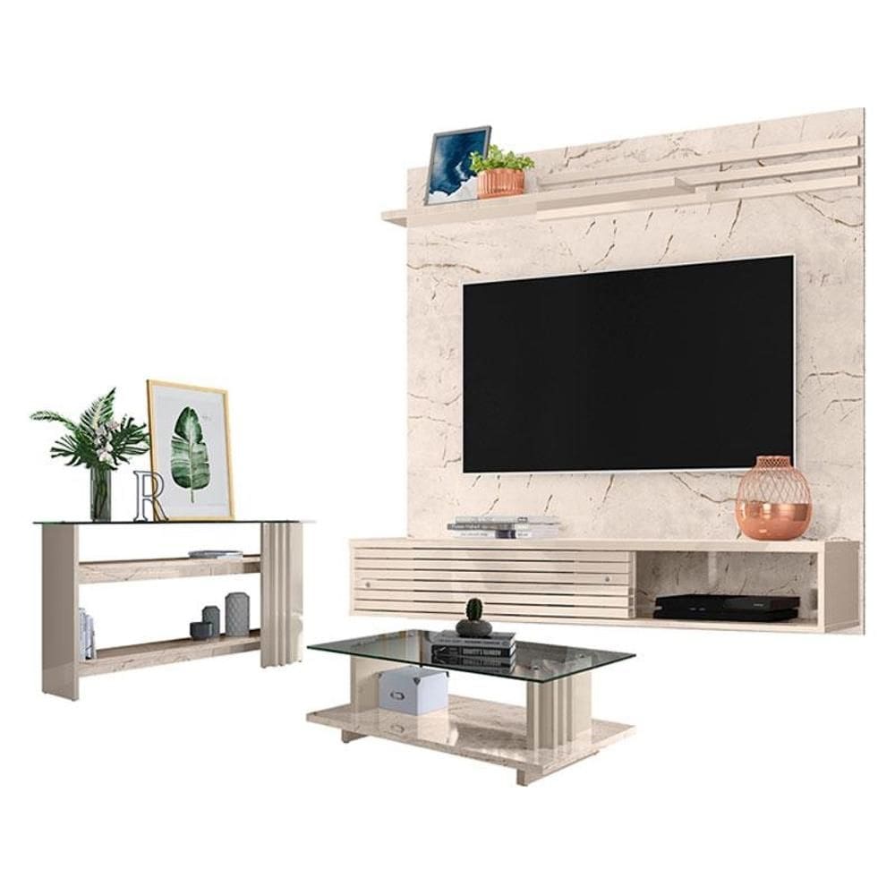 Estante Home Theater Suspenso com Aparador e Mesa de Centro Frizz Sublime Calacata Off White – Madetec