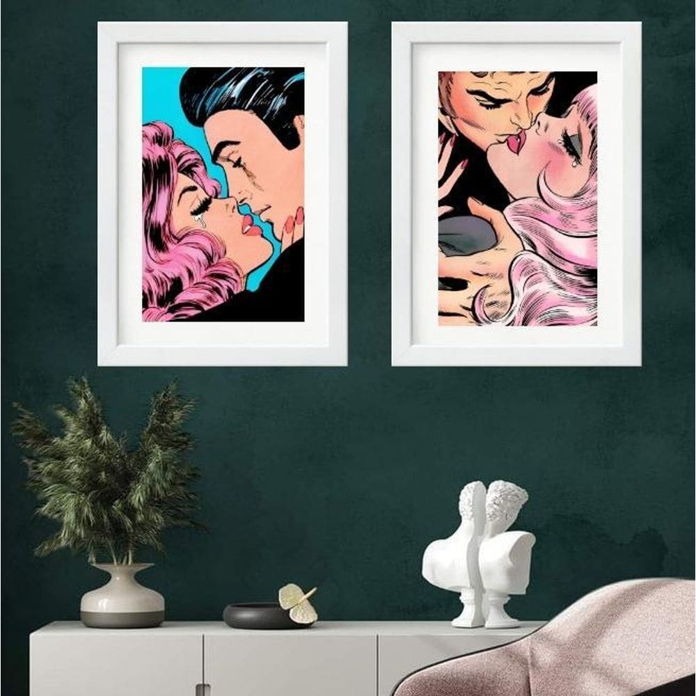 Kit 2 Quadros Beijo Pop Arte - 60X48Cm