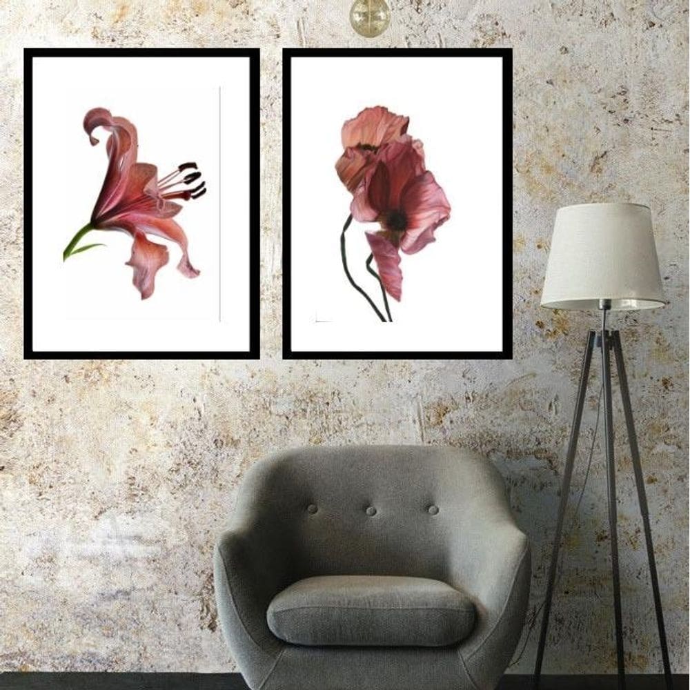 Kit 2 Quadros Grandes Flores Vinho - 60X48Cm