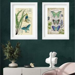 Kit 2 Quadros Borboletas Azul E Verde - 60X48Cm