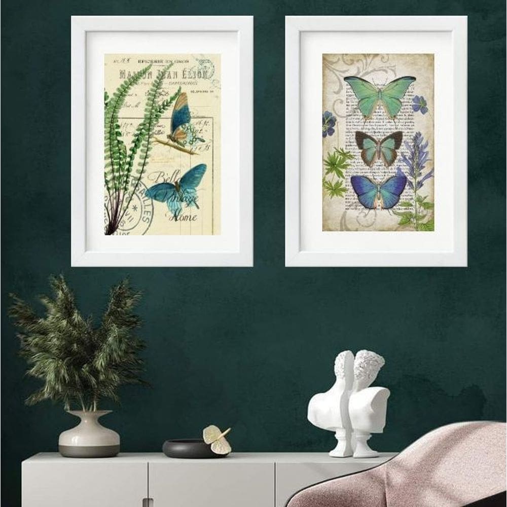 Kit 2 Quadros Borboletas Azul E Verde - 60X48Cm