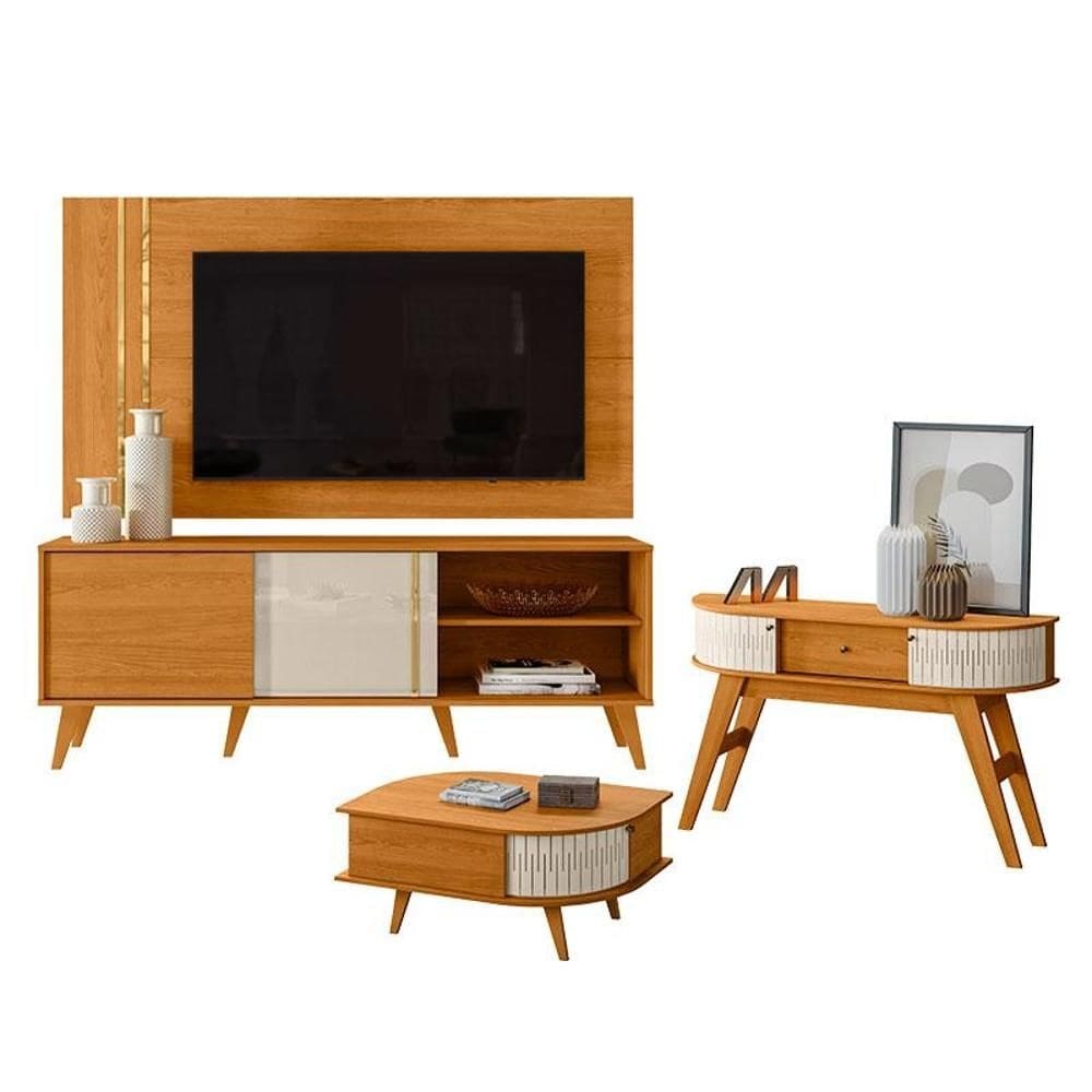 Rack Bancada e Painel para TV Cronos com Aparador Estoril e Mesa de Centro Indianápolis Cinamomo Off White – Madetec