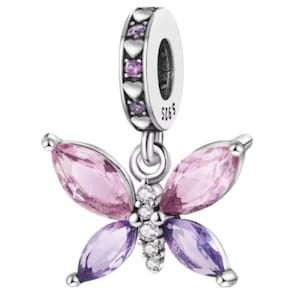 Berloque borboleta brilhante rosa e lilás prata 925 animais
