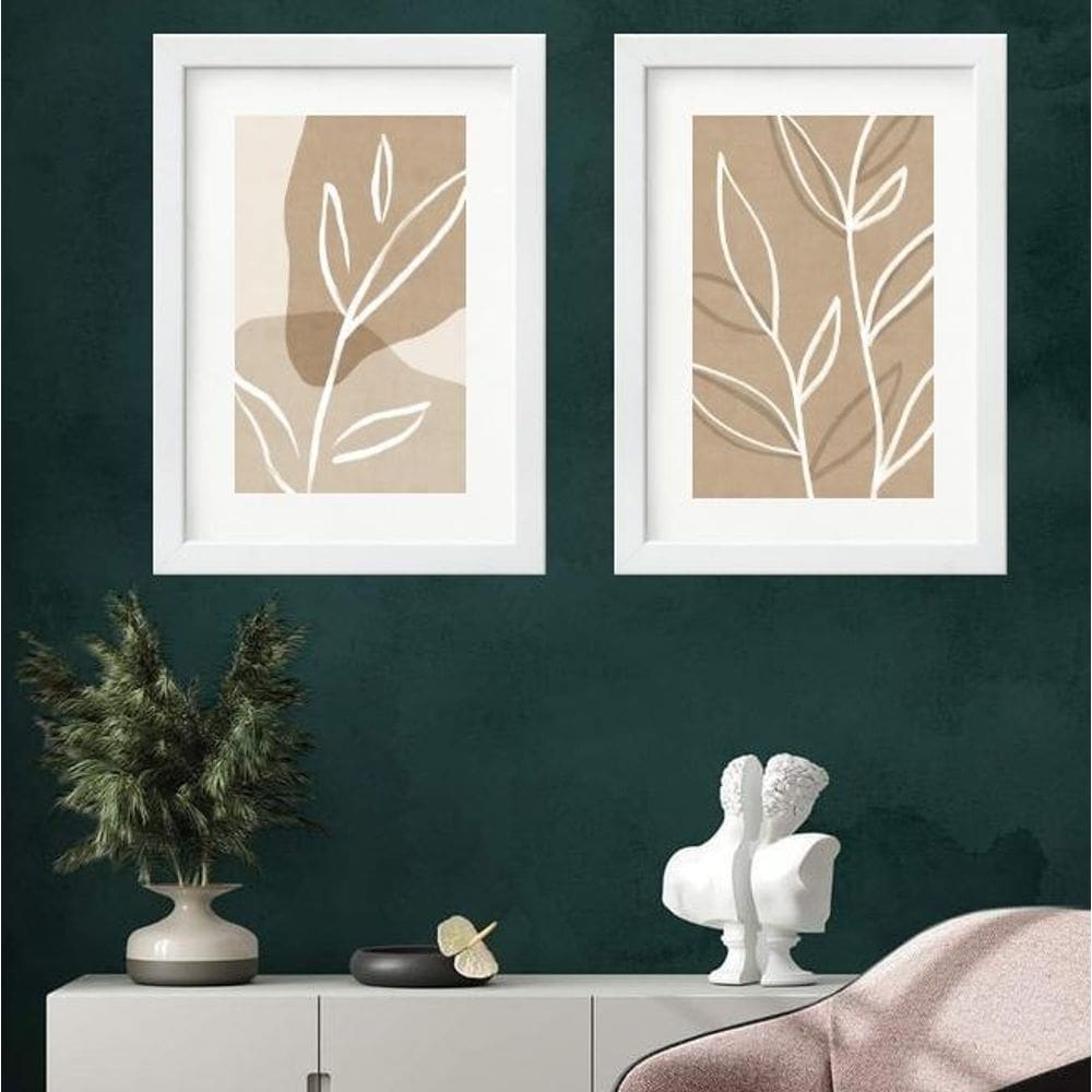 Kit 2 Quadros Folhas Abstratas Bege - 60X48Cm
