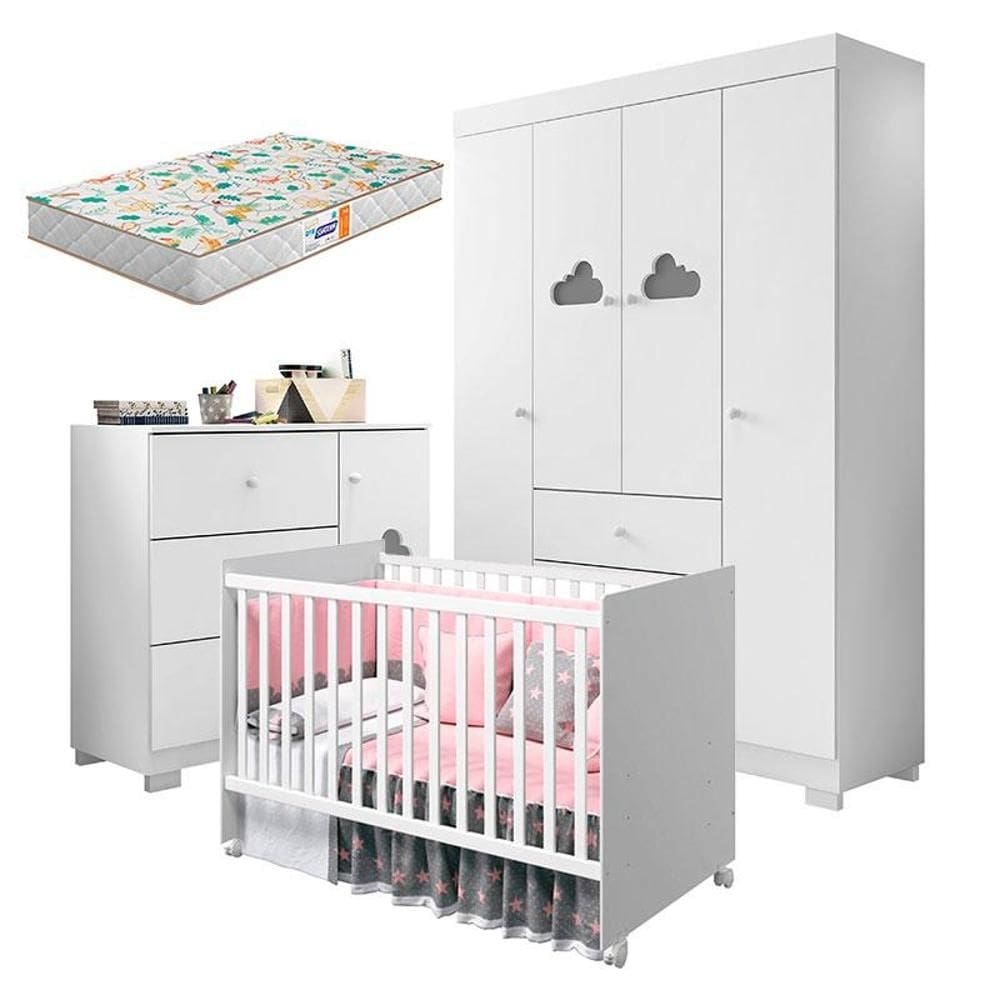 Quarto de Bebê Ane com Berço Americano Tico Branco Brilho e Colchão Gazin – Phoenix Baby
