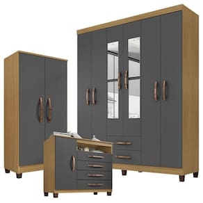 Guarda Roupa Casal Modena com Espelho 6 Portas Cômoda Sapateira Cannes e Armário Multiuso Recife Carvalho Americano Grafite- Incorplac