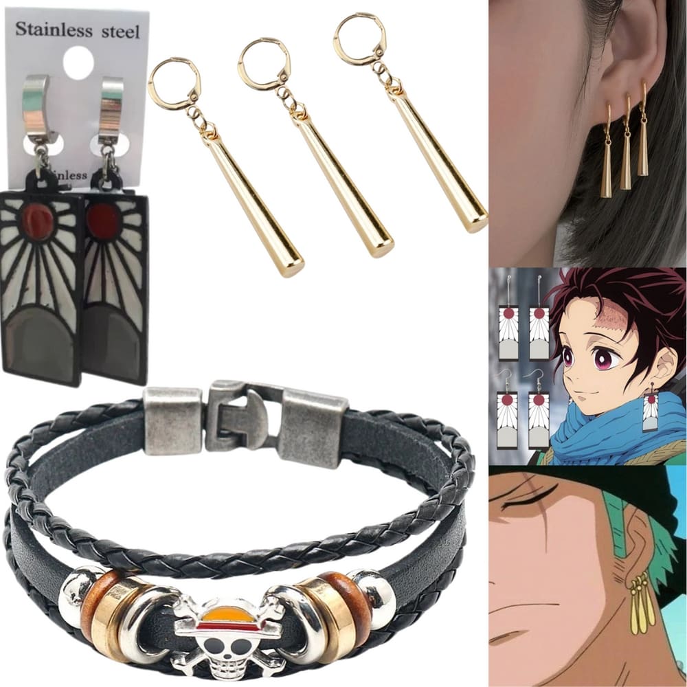 Kit 2 Brincos (Zoro e Tanjiro) + Pulseira One Piece e Demon Slayer