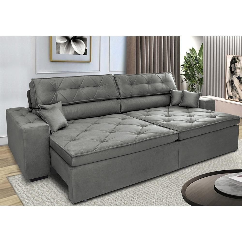 Sofá Retrátil E Reclinável 2,12m Com Molas Cama Inbox Estilo Suede Velusoft Cinza