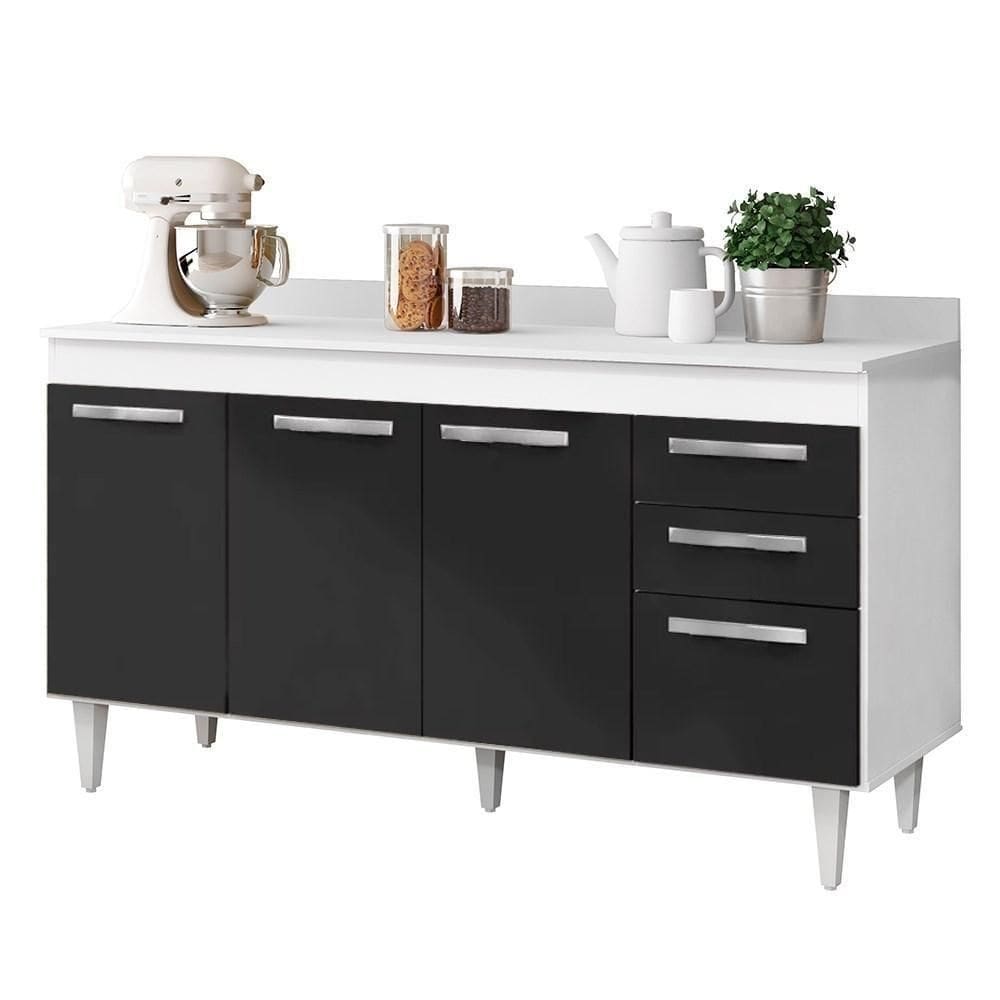 Balcão Gabinete 150Cm 4 Portas C/ Tampo Lis L03 Branco/Preto