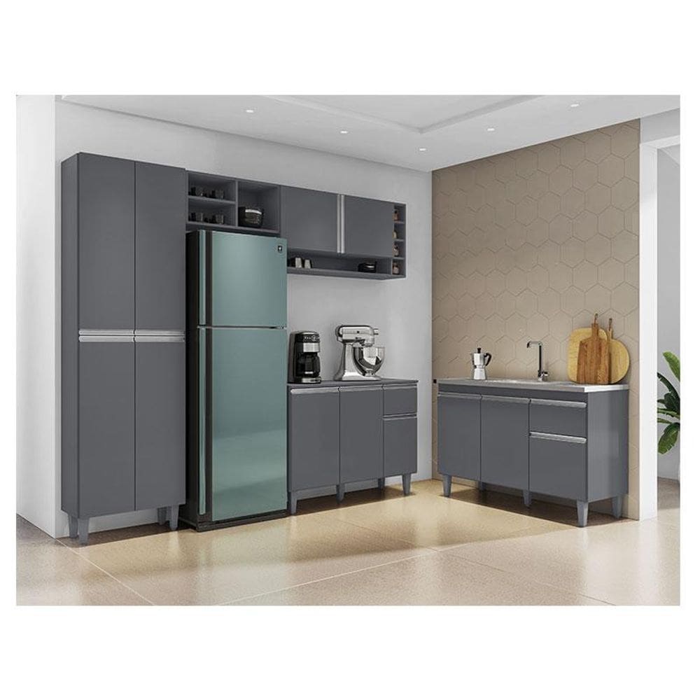 Cozinha Ambiente Vanessa e Balcão de Pia Tatiane 120 cm Cinza Fosco - AJL