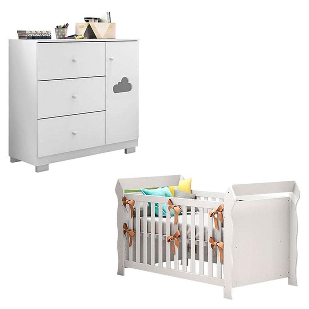Berço Americano Lara e Cômoda Infantil Ane Branco Brilho – Phoenix Baby