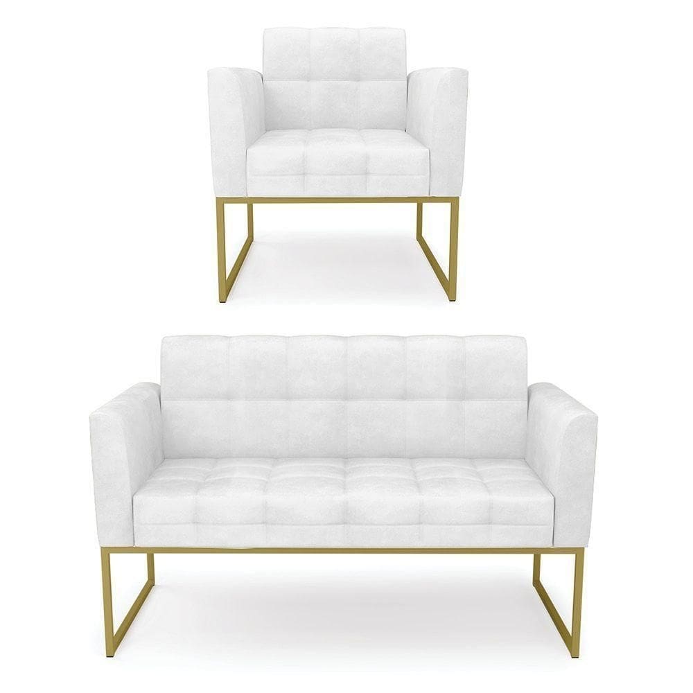 Kit 1 Sofá Namoradeira E 1 Poltrona Elisa Corano Branco Base Metálica Industrial Dourado - D`rossi