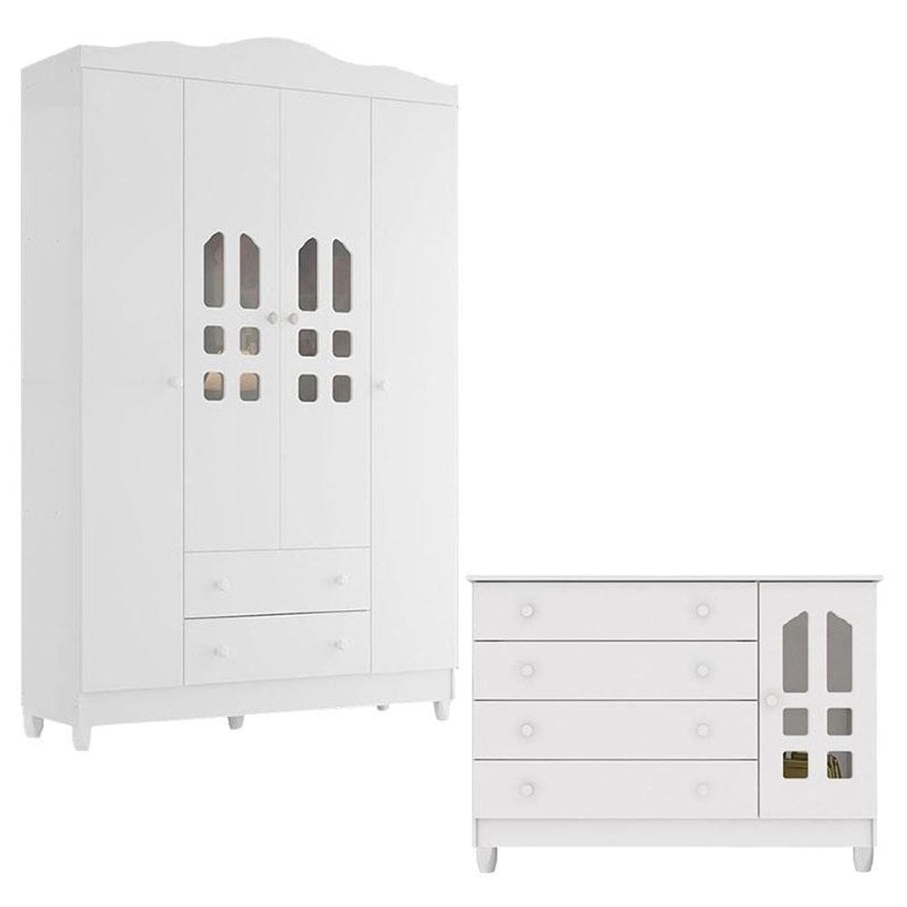 Cômoda Selena e Guarda Roupa Infantil New Selena 4 Portas Branco Brilho – Carolina Móveis