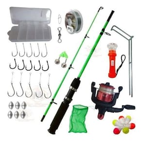 Kit pesca vara 1,35m + molinete com linha + caixa 36 iten