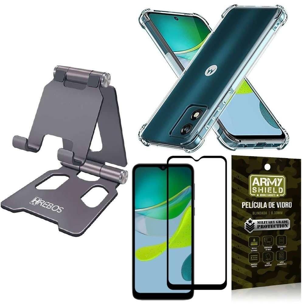 Kit suporte hrebos + capinha antishock galaxy m14 + película vidro 3d armyshield - cinza
