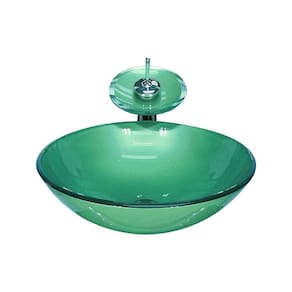 Cuba vidro redonda 42cm verde + válvula + torneira cascata