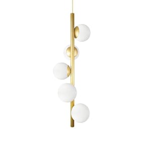 Lustre Vertical Figo Ouro - 5 Globos Esfera De Vidro Branco